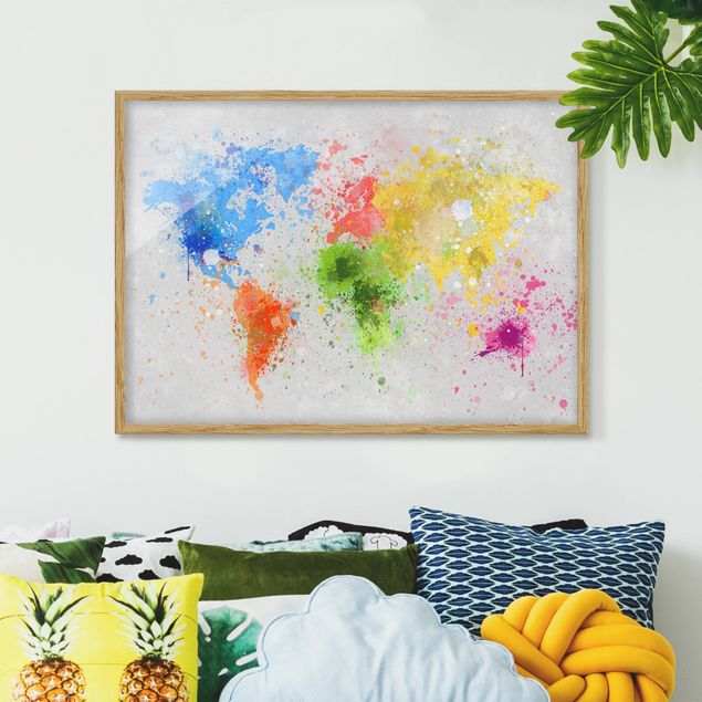 Weltkarten mit Rahmen Bunte Farbspritzer Weltkarte