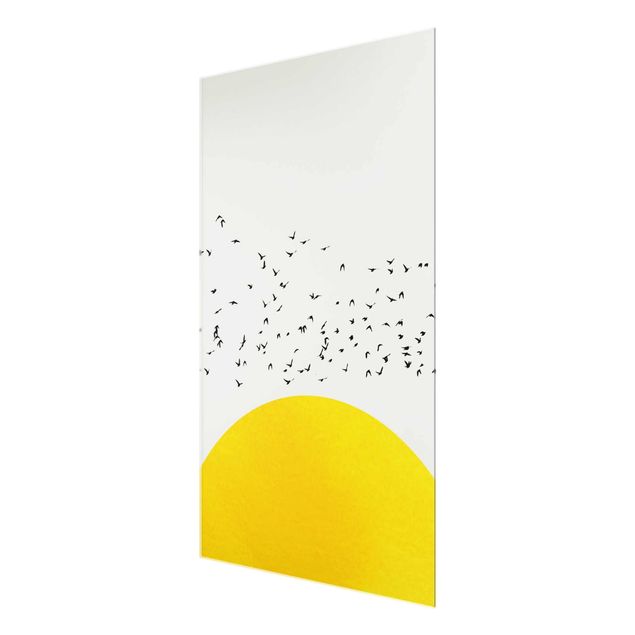 Wandbilder Vogelschwarm vor gelber Sonne