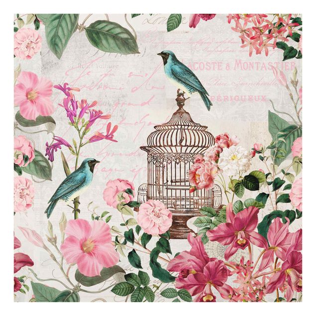 Glasbild Grün Shabby Chic Collage - Rosa Blüten und blaue Vögel
