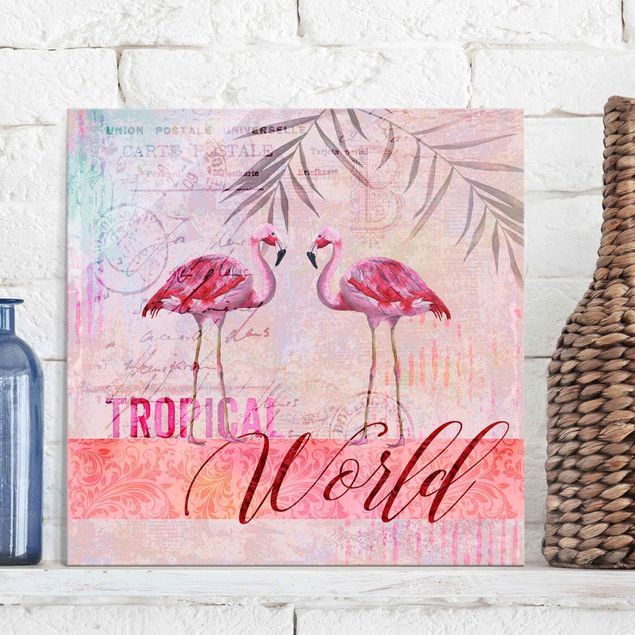 Wandbilder Tiere Vintage Collage - Tropical World Flamingos