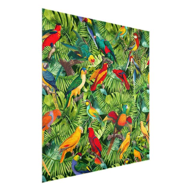 Glasbilder Natur Bunte Collage - Papageien im Dschungel