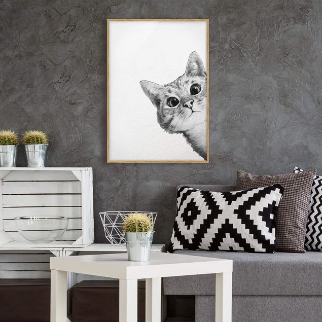 Kunstdruck Bilder mit Rahmen Illustration Katze Zeichnung Schwarz Weiß