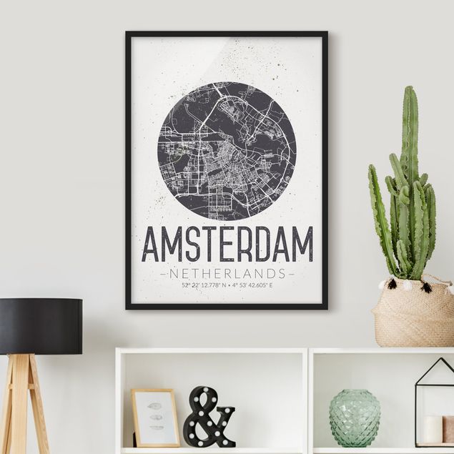 Schwarz-Weiß Bilder mit Rahmen Stadtplan Amsterdam - Retro