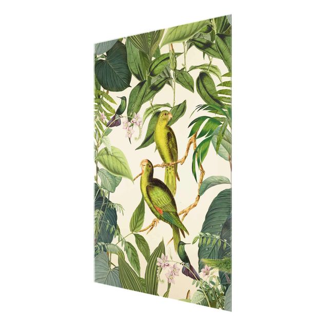 Glasbilder Vintage Collage - Papageien im Dschungel