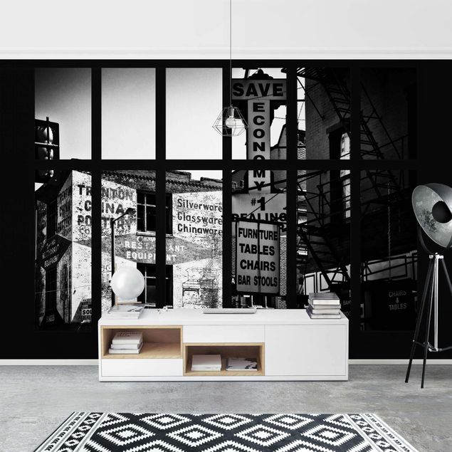 Fototapete Städte Fensterblick Amerikanische Gebäudefassade schwarz-weiß