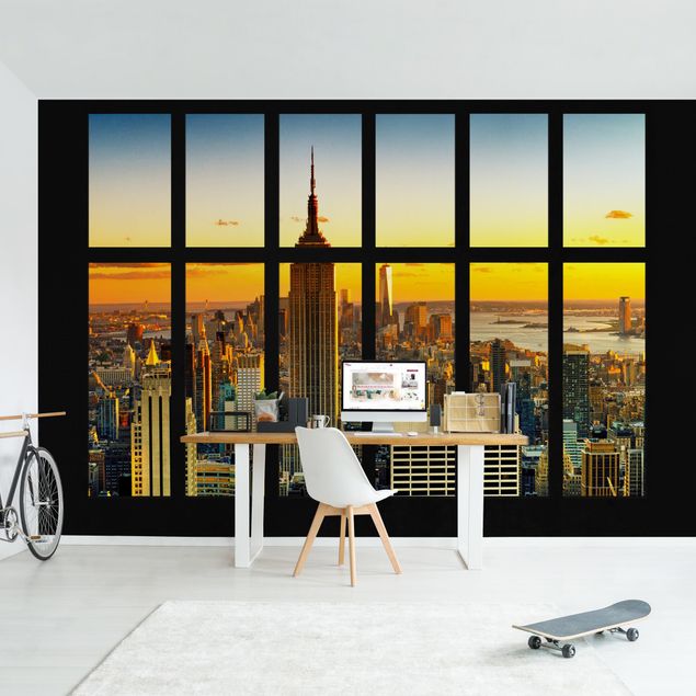 New York Tapete Fensterblick Manhattan Skyline Sonnenuntergang
