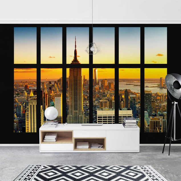 Moderne Tapeten Fensterblick Manhattan Skyline Sonnenuntergang