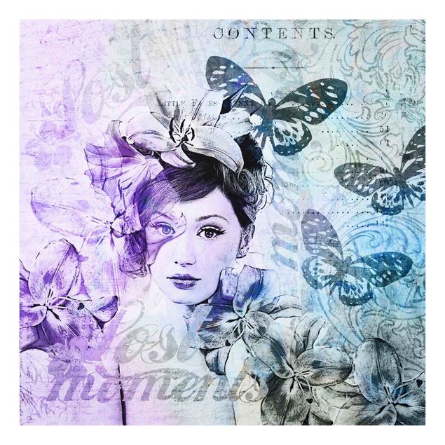 Bilder auf Glas Shabby Chic Collage - Portrait mit Schmetterlingen