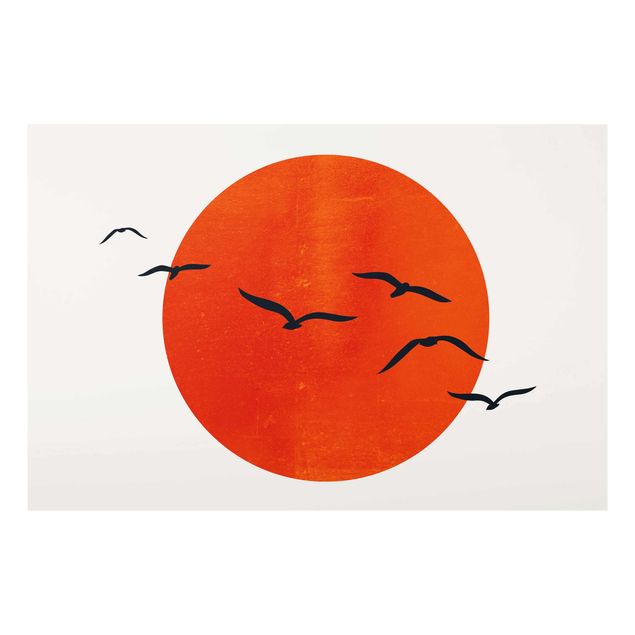 Glasbild Landschaften Vogelschwarm vor roter Sonne I