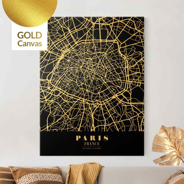 Leinwandbild Gold - Stadtplan Paris - Klassik Schwarz - Hochformat 3:4