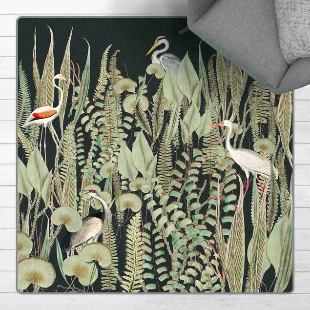 Moderne Teppiche Flamingo und Storch mit Pflanzen auf Grün