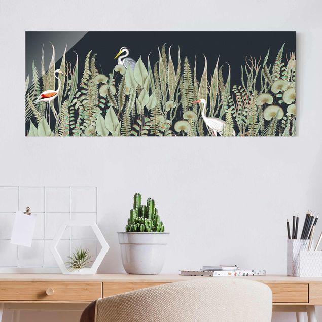 Wandbilder Tiere Flamingo und Storch mit Pflanzen auf Grün