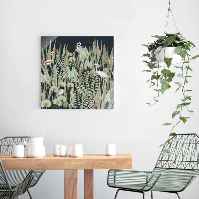 XXL Glasbilder Flamingo und Storch mit Pflanzen auf Grün