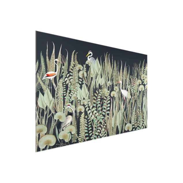 Glasbilder Natur Flamingo und Storch mit Pflanzen auf Grün