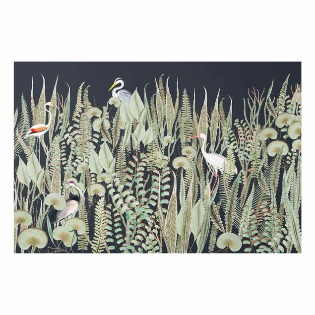 Glasbild Grün Flamingo und Storch mit Pflanzen auf Grün