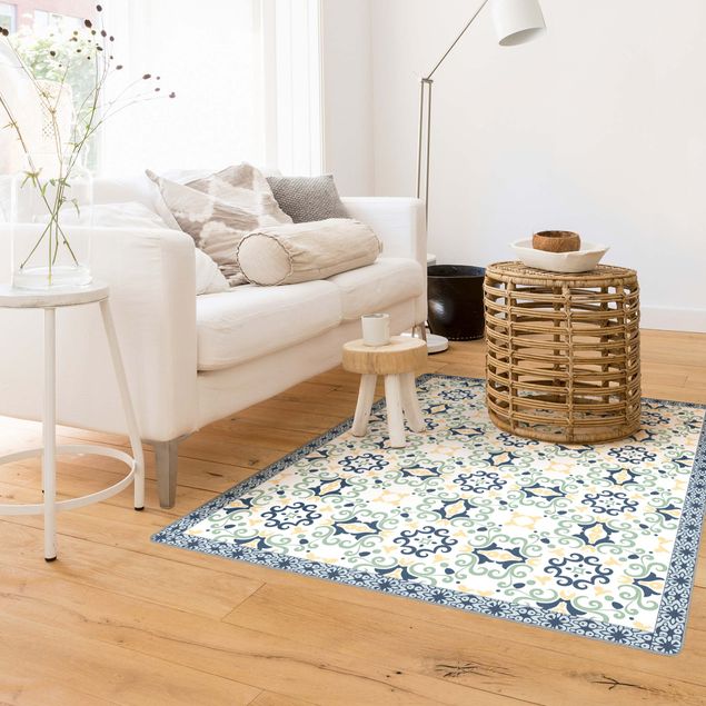 Teppich blau Florale Fliesen Gelbblaue Folklore mit Bordüre