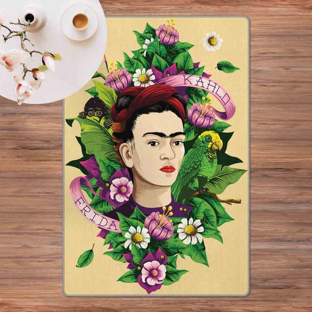 Teppich Blumen Frida Kahlo - Frida,Äffchen und Papagei