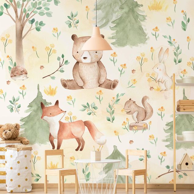 Kinderzimmer Tapete Tiere Fuchs und Bär mit Blumen und Bäumen