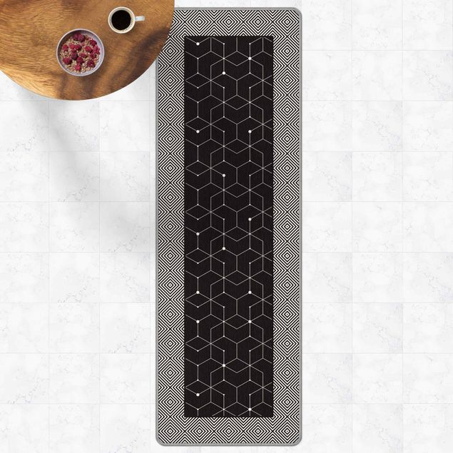 Vinyl Teppich Fliesenoptik Geometrische Fliesen Punktlinien Schwarz mit Bordüre