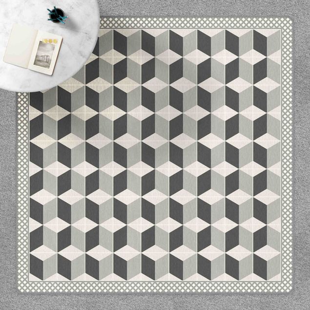 Moderne Teppiche Geometrische Fliesen Stufenillusion in Grau mit Bordüre