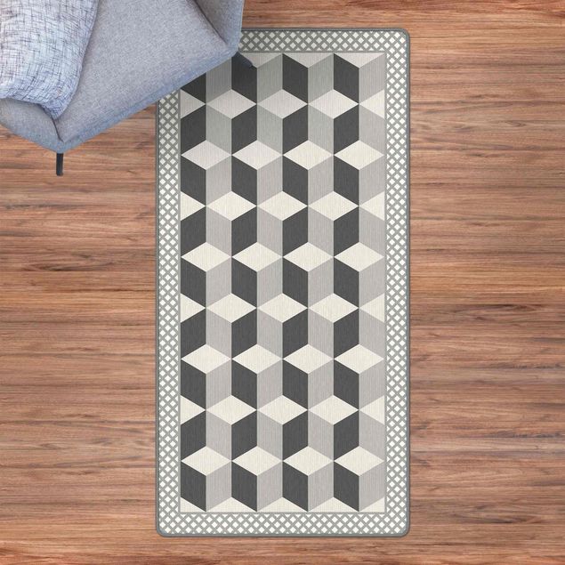 Moderne Teppiche Geometrische Fliesen Stufenillusion in Grau mit Bordüre