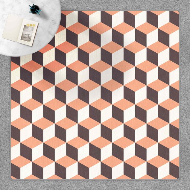 Moderner Teppich Geometrischer Fliesenmix Würfel Orange