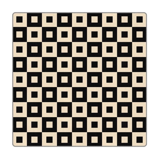 Gewebeteppich Geometrisches Muster aus Schwarz Beigen Quadraten