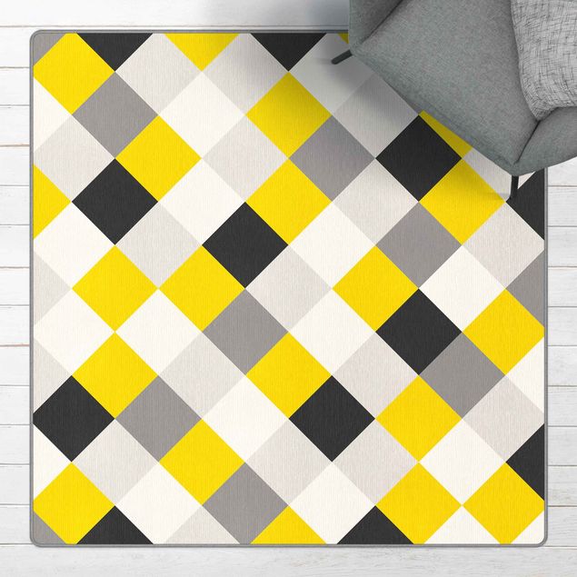 Teppich modern Geometrisches Muster gedrehtes Schachbrett Gelb