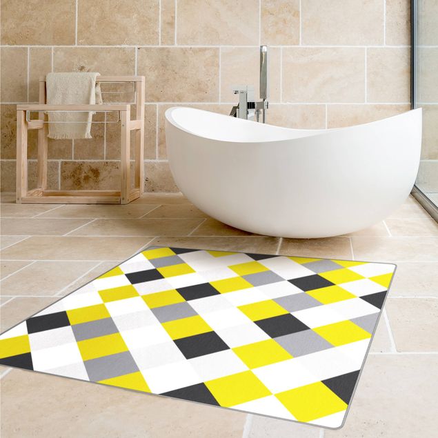 Teppich grau Geometrisches Muster gedrehtes Schachbrett Gelb