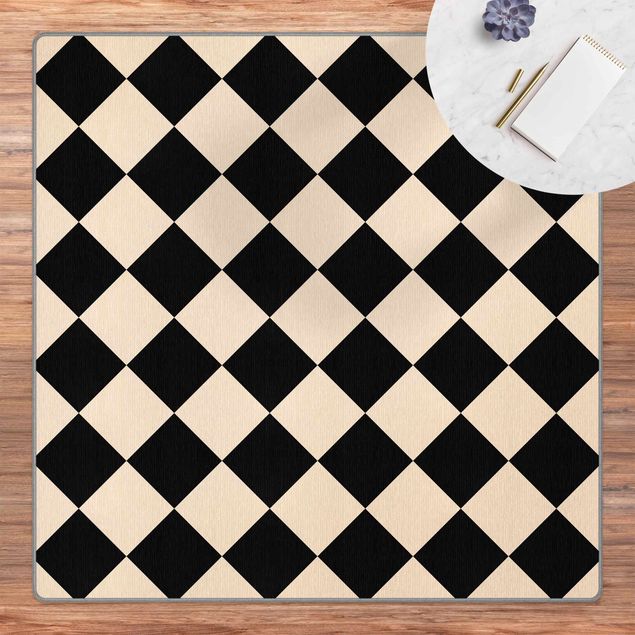 Beiger Teppich Geometrisches Muster gedrehtes Schachbrett Schwarz Beige