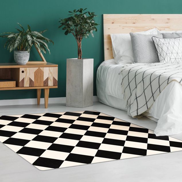 Teppich creme Geometrisches Muster gedrehtes Schachbrett Schwarz Beige