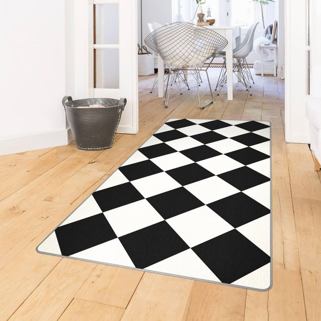 Schwarz-weißer Teppich Geometrisches Muster gedrehtes Schachbrett Schwarz Weiß