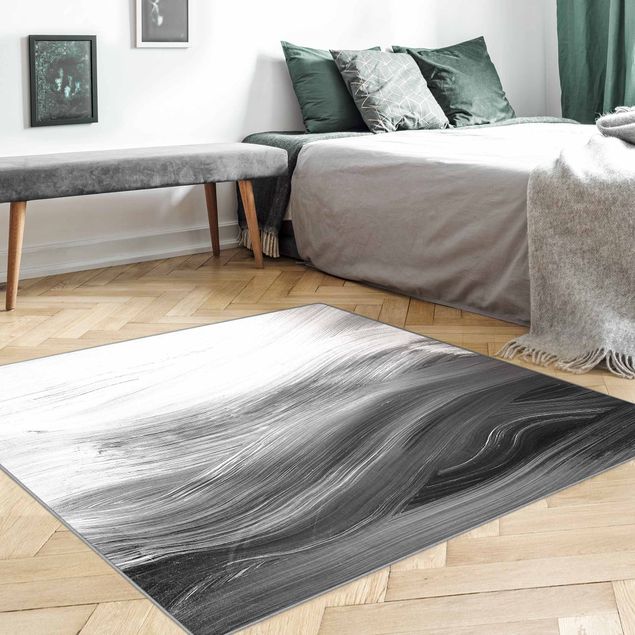 Schwarz-weißer Teppich Geschwungene Wellen Schwarz Weiß