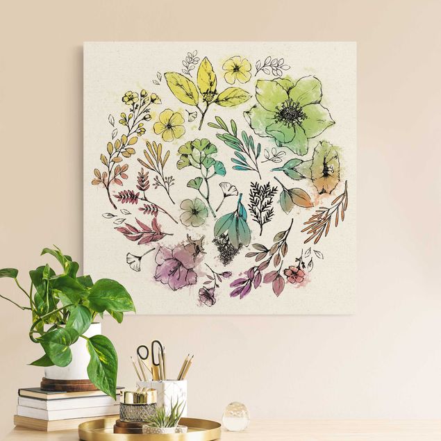 Wandbilder Blumen Gezeichnetes florales Regenbogenaquarell