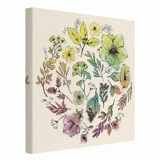 Leinwandbild Natur - Gezeichnetes florales Regenbogenaquarell - Quadrat 1:1