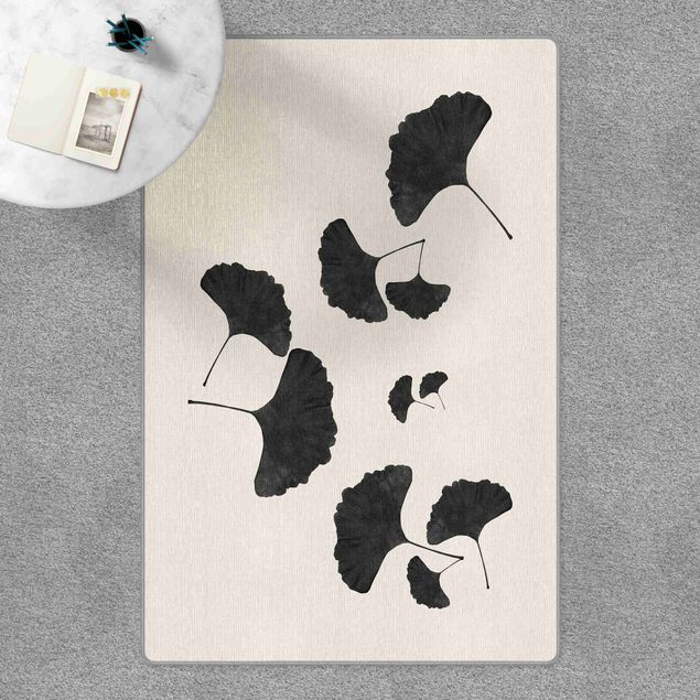 Teppich schwarz-weiß Ginkgo Komposition in Schwarz-Weiß