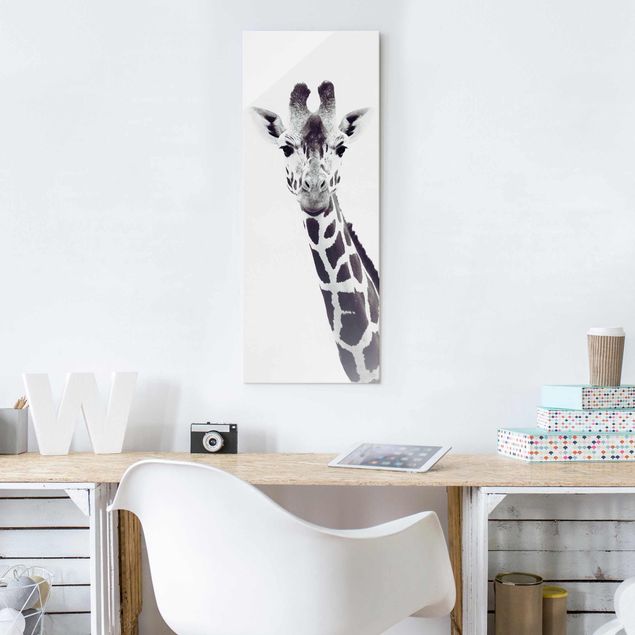 Glasbild Schwarz-Weiß Giraffen Portrait in Schwarz-weiß