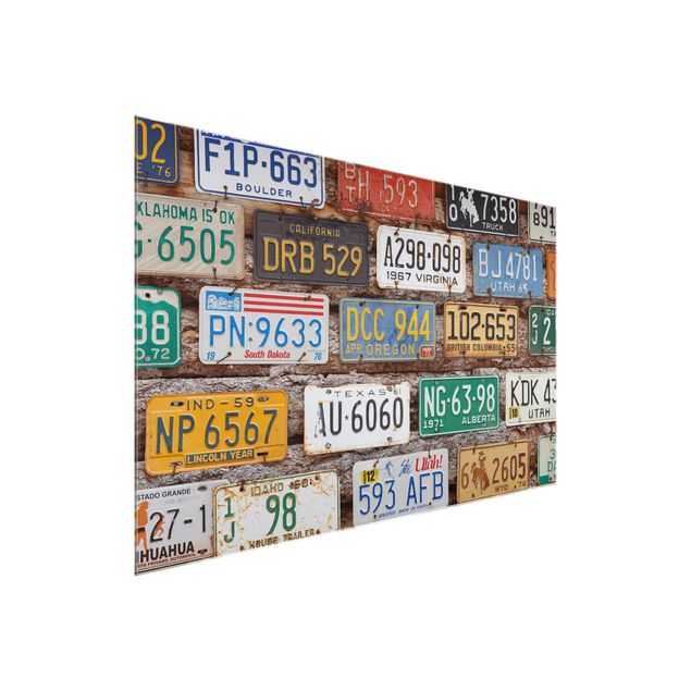 Glasbilder Amerikanische Nummernschilder auf Holz