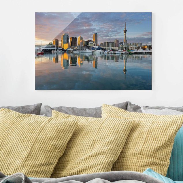 Wandbilder Glas XXL Auckland Skyline Sonnenuntergang