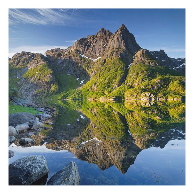 Glasbilder Berglandschaft mit Wasserspiegelung in Norwegen