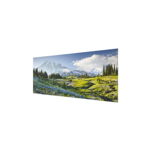 Wandbilder Bergwiese mit blauen Blumen vor Mt. Rainier
