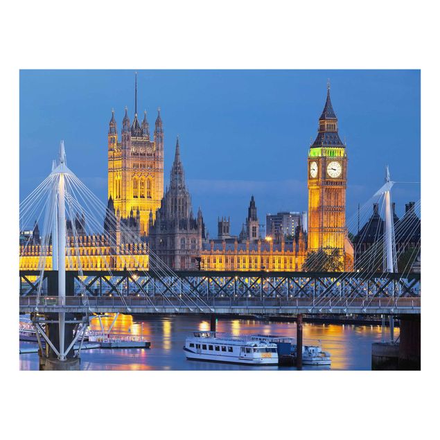 Glas Wandbilder Big Ben und Westminster Palace in London bei Nacht