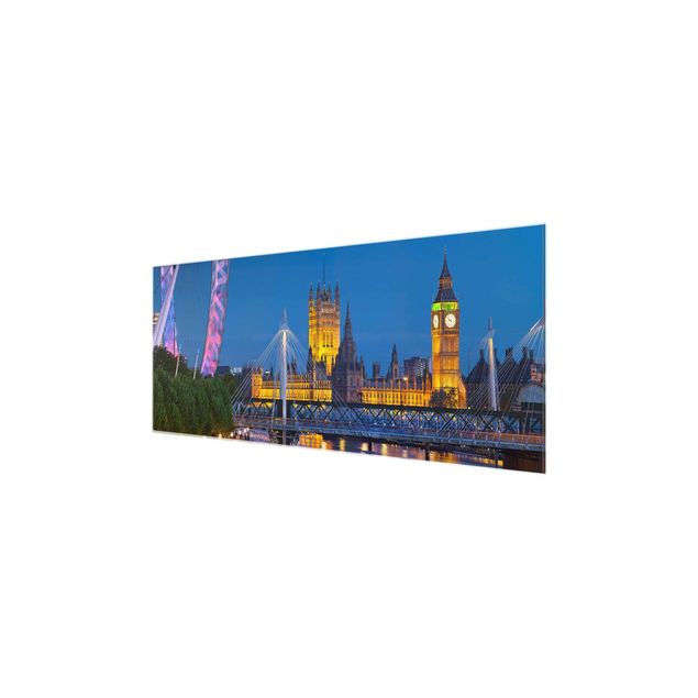Glasbild - Big Ben und Westminster Palace in London bei Nacht - Panorama Quer