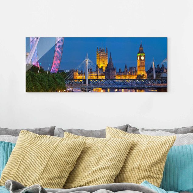 Glasbild - Big Ben und Westminster Palace in London bei Nacht - Panorama Quer