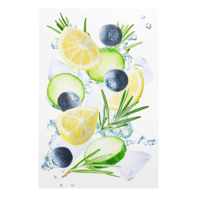 Glasbild - Blaubeeren Zitronen Eiswürfel Spash - Hochformat 2:3