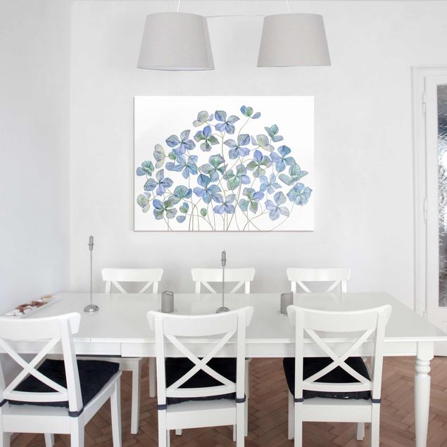 Glasbilder Pflanzen Blaue Hortensienblüten