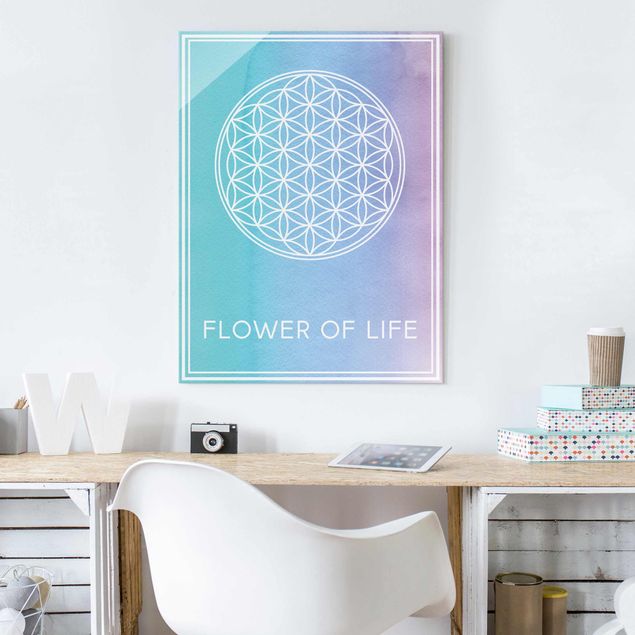 Glasbilder mit Spruch Blume des Lebens Pastell Aquarell