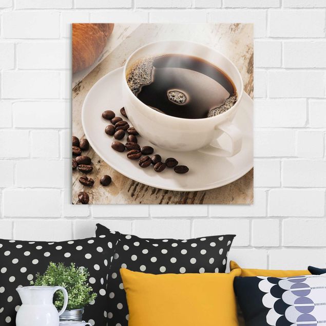 Schöne Wandbilder Dampfende Kaffeetasse mit Kaffeebohnen