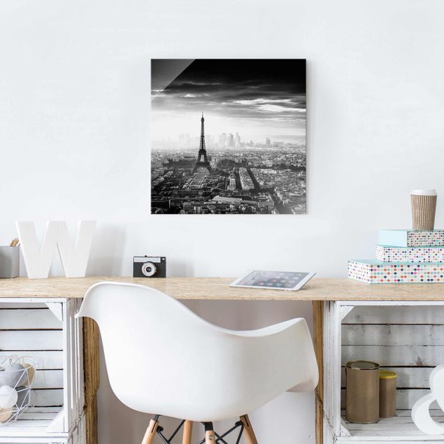 Glasbilder XXL Der Eiffelturm von Oben Schwarz-weiß