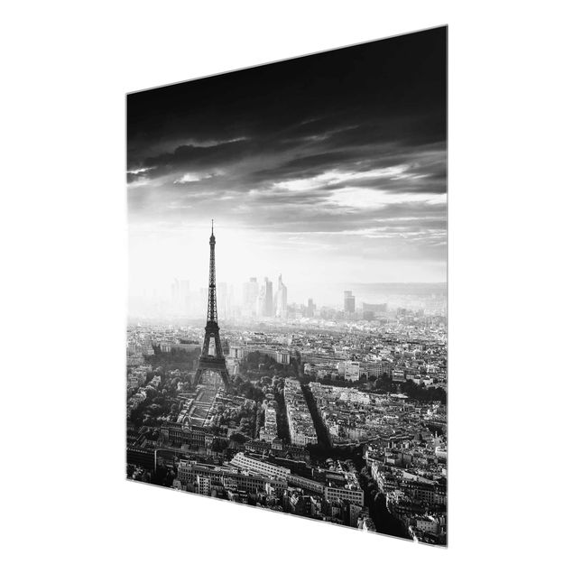 Glasbilder Der Eiffelturm von Oben Schwarz-weiß